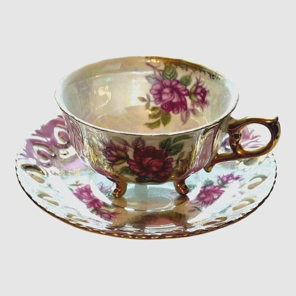 Lefton Reticulated Saucer and Tea Cup Irridescent Pink and Green Floral Vintage